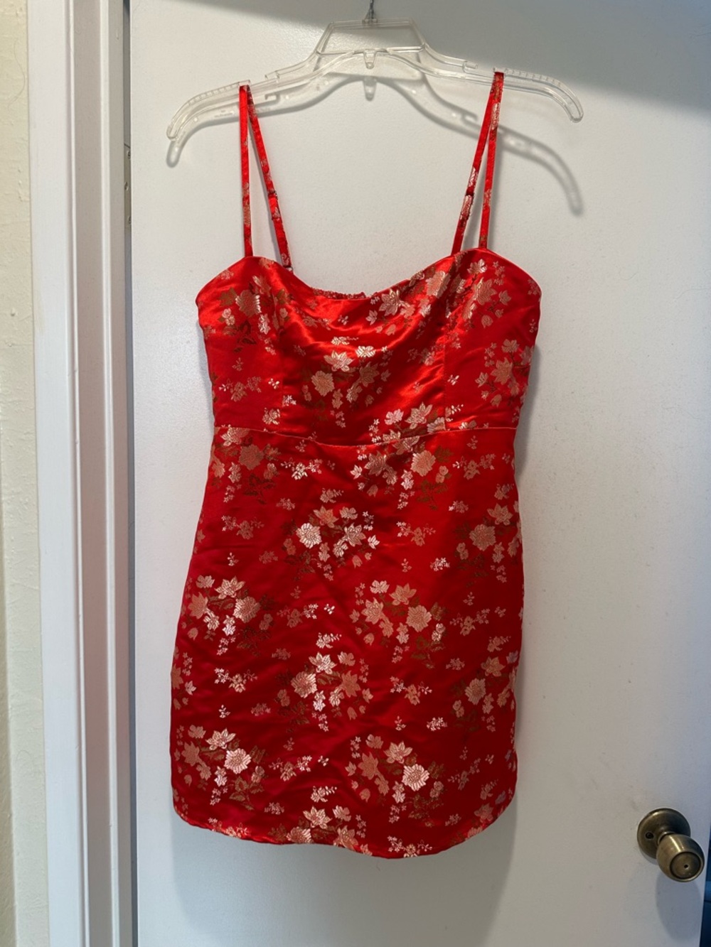emory park Red Asian Inspired Mini Dress w Gold Flowers Spaghetti Straps Medium